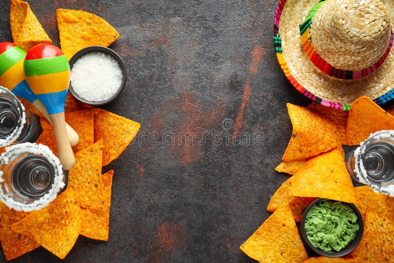 Concept of Mexico Food, Tortilla and Tequila, Top View Stock Image