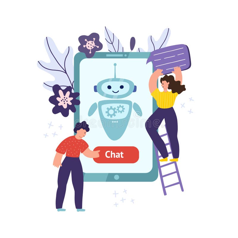 Concept mobil Chatbot cu omul apăsând butonul și femeia ținând bula vorbire royalty free illustration