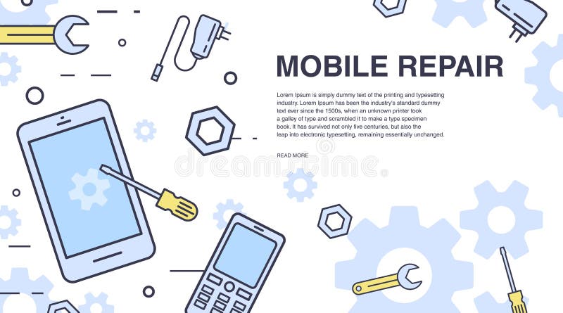 Concept of mobile phone repair. Horizontal banner with smartphone and tools. Service electronic technic. Colorful vector