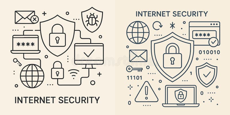 Concept modern de securitate pe internet cu simboluri de protecție a datelor și a confidențialității online stock illustration