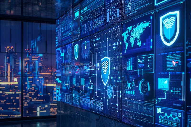 Conceptul este afișarea pe mai multe ecrane a diferitelor plăci grafice digitale și a datelor pe un fundal întunecat 3d stock illustration