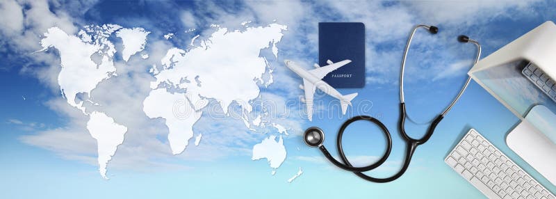 international medical travel insurance concept,stethoscope, passport, computer and airplane on sky background with global map. international medical travel insurance concept,stethoscope, passport, computer and airplane on sky background with global map