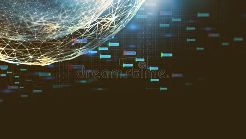 Concept of a network based on Blockchain technology. Abstract futuristic illustration of a global communications network royalty free stock photos