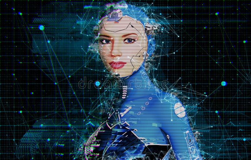 Artificial Intelligence AI Female Cyborg vector illustration