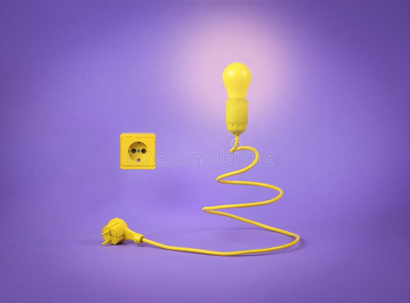 The concept of the New Year. Minimalism. Creative Christmas tree in the form of a light bulb with a cord on a purple background. Contemporary art. Place for