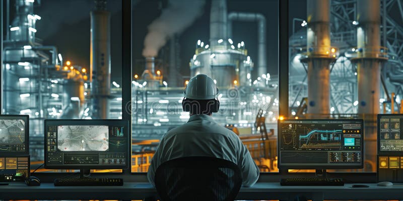 Concept of an oil and gas industry control center, industrial factory or power plant at night with an engineer in a white helmet stock illustration