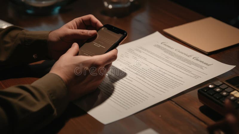 Birou cu documente de afaceri și mâini care țin telefonul. concept de semnătură digitală online pe documentul contractual utilizând smartphone. utilizează smartphone pentru activități și analize generate