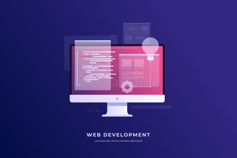 Concept ontwikkeling en software Monitor met programmacode inzake het scherm en open Web-pagina's stock illustratie Concept ontwikkeling en software Monitor met programmacode inzake het scherm en open Web-pagina's stock illustratie