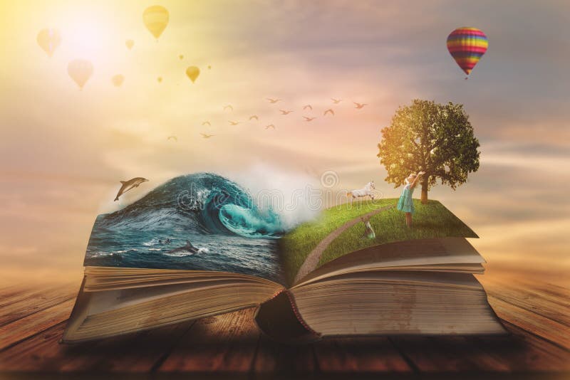 Concept of an open magic book; open pages with ocean and land and small child. Fantasy, nature or learning concept, with copy