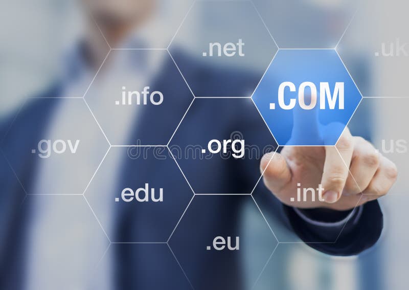 Concept about international domain names on internet for websites on a screen, such as .com, .org, .net, and .info. Concept about international domain names on internet for websites on a screen, such as .com, .org, .net, and .info