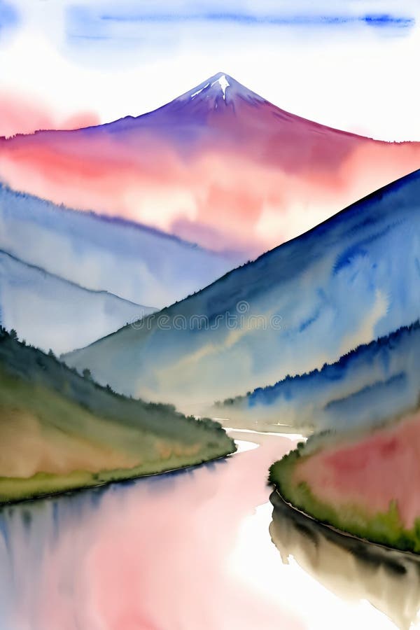 O pictură a unui munte și a unui râu. ai generativ vector illustration