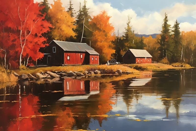 A painting of red barns by the lake. Generative AI