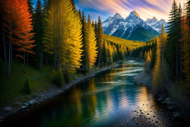 O pictură a unui râu care trece printr-o pădure. ai generativ vector illustration