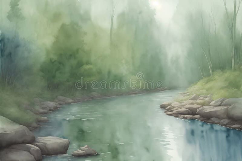O pictură a unui râu care trece printr-o pădure. ai generativ stock illustration