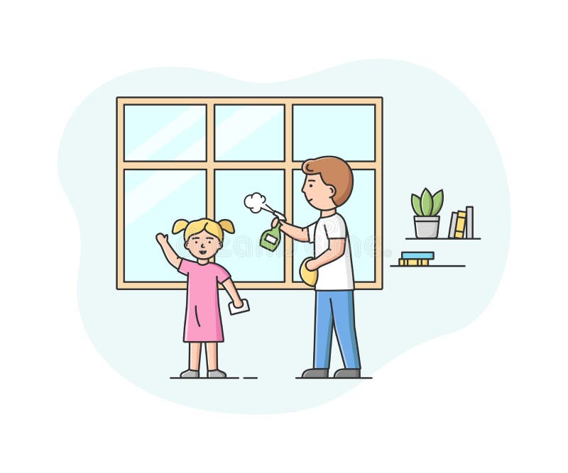 Concept of Parenting and Joint Family Cleaning. Happy Father Makes Wet  Cleaning of Apartment with Little Daughter Stock Vector - Illustration of  household, cartoon: 188554865