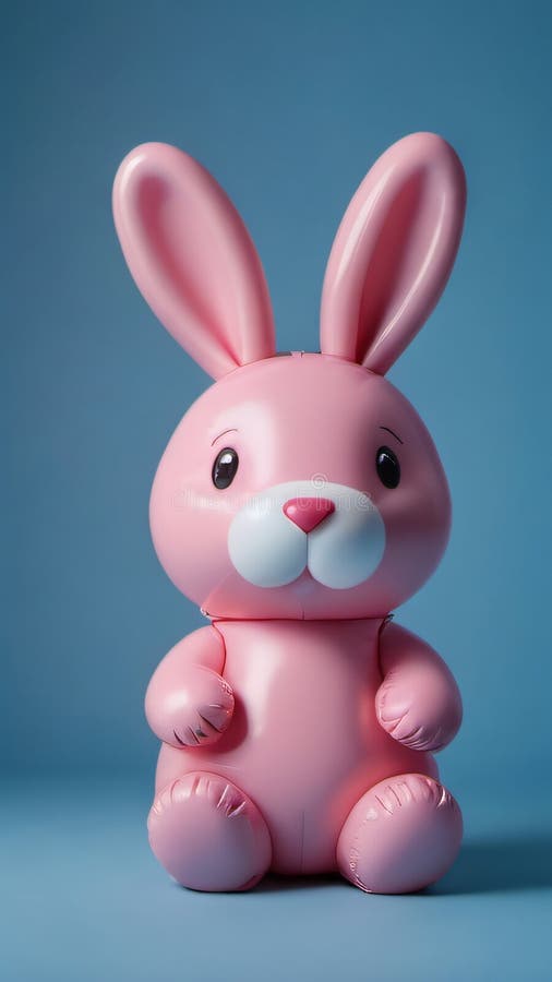 Photo Of Adorable Cute Pink Latex Rabbit, Bunny With A Heartshaped Nose In The Shape Of A Balloon On A Soft Blue Ba. Generative AI vector illustration