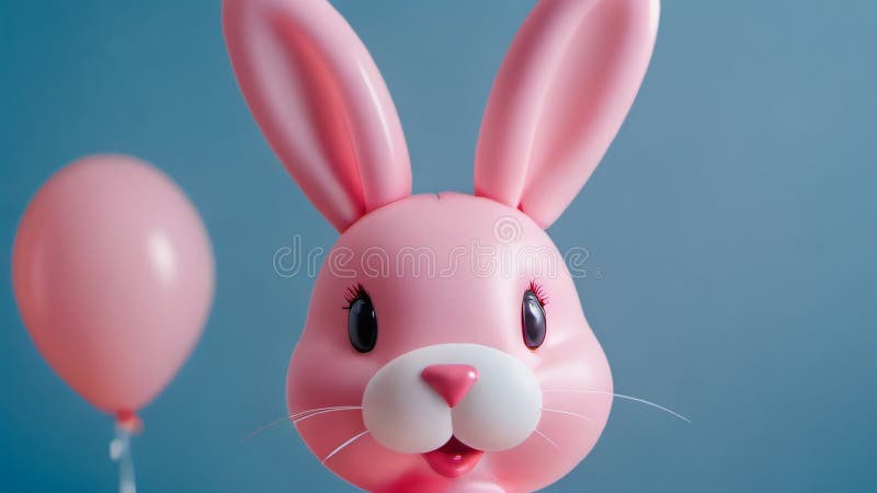 Photo Of Adorable Cute Pink Latex Rabbit, Bunny With A Heartshaped Nose In The Shape Of A Balloon On A Soft Blue Ba. Generative AI royalty free illustration