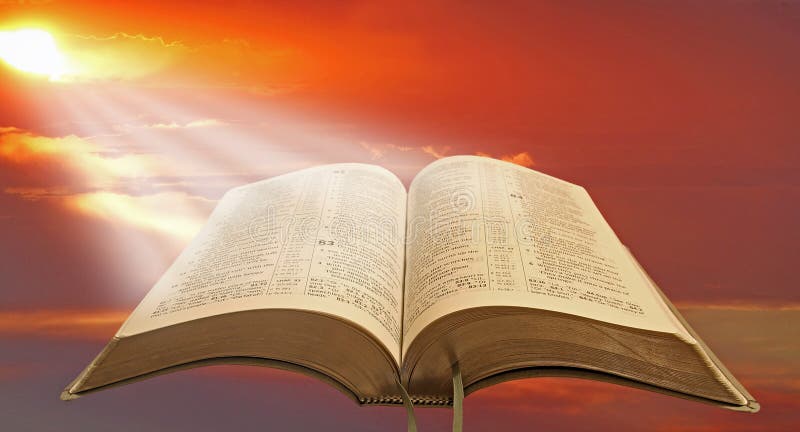 Concept photo of holy spiritual light shining on open bible depicting divine enlightenment for mankind!