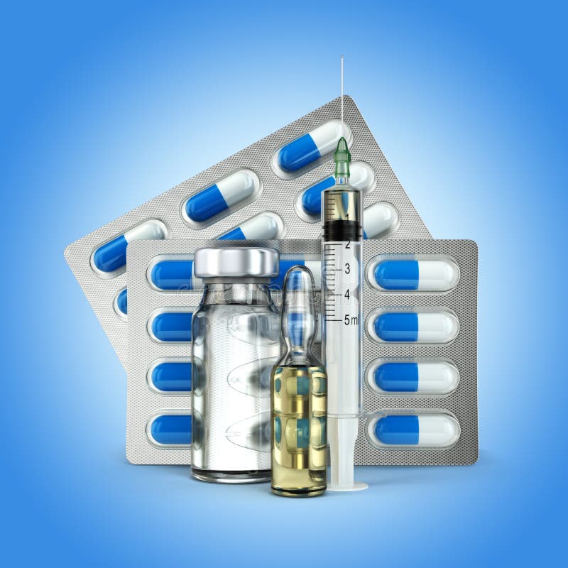 Concept Pillen, flesje, ampul en spuit op blauw stock illustratie Concept Pillen, flesje, ampul en spuit op blauw stock illustratie