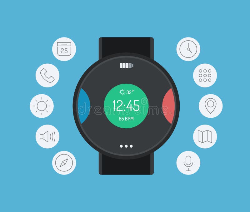 Flat design style modern vector illustration concept with icons of smart watch gadget, personal digital device with mobile apps like phone calls, social media, sms texting, music media player, calendar and time management. on color background. Flat design style modern vector illustration concept with icons of smart watch gadget, personal digital device with mobile apps like phone calls, social media, sms texting, music media player, calendar and time management. on color background.