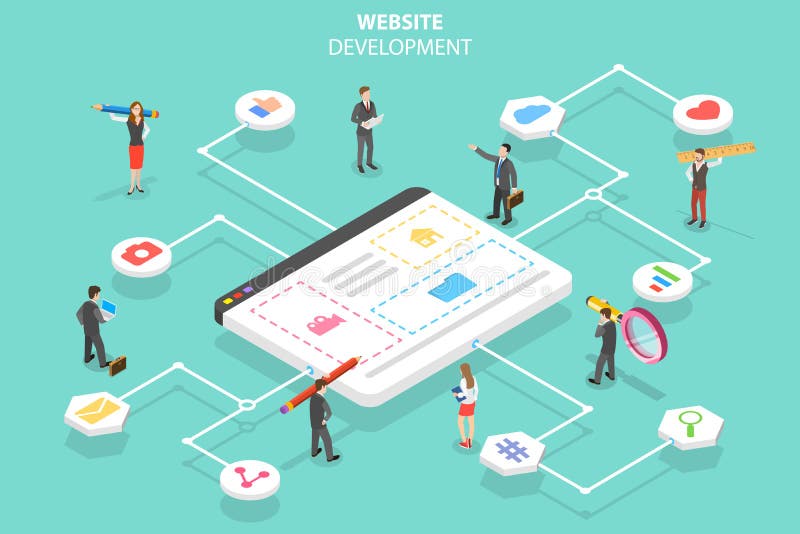 Concept plat isométrique de vecteur d'agence de services de Web, constructeur de site Web illustration stock Concept plat isométrique de vecteur d'agence de services de Web, constructeur de site Web illustration stock
