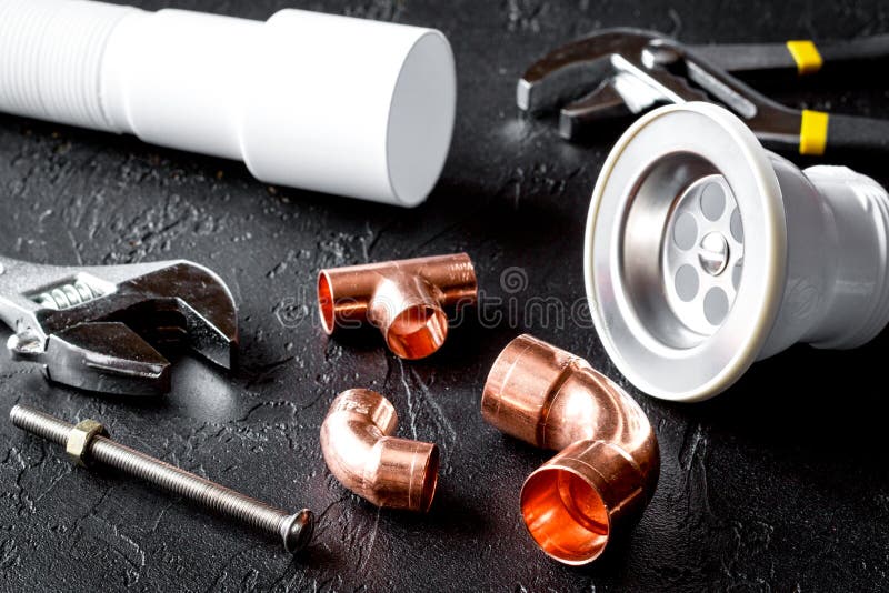Concept Plumbing Tools On Dark Background Stock Photo Image of supply