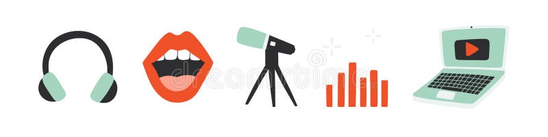 Concept podcast. colecția de autocolante cu căști pentru microfon. royalty free illustration