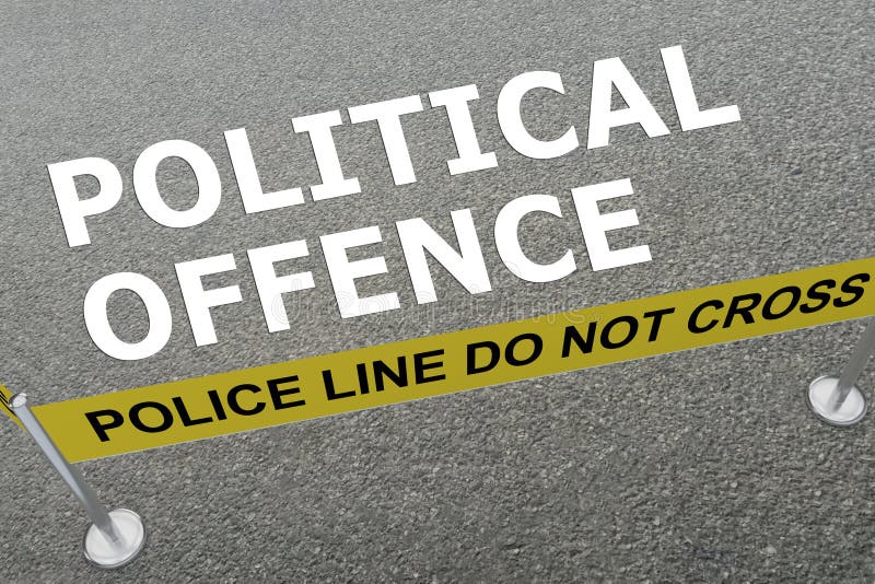 3D illustration of POLITICAL OFFENCE title on the ground in a police arena. 3D illustration of POLITICAL OFFENCE title on the ground in a police arena