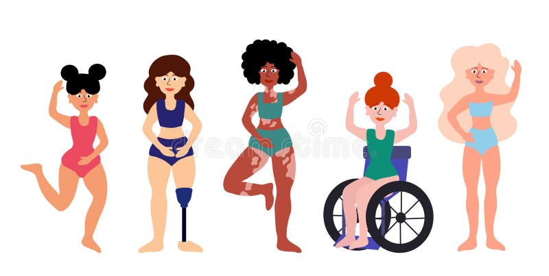 Body positive concept. Women of different ages, skin colors, ethnic groups, body types. Disability, vitiligo, prosthesis. Girls in swimsuits standing together. Cartoon flat vector illustration. Body positive concept. Women of different ages, skin colors, ethnic groups, body types. Disability, vitiligo, prosthesis. Girls in swimsuits standing together. Cartoon flat vector illustration.