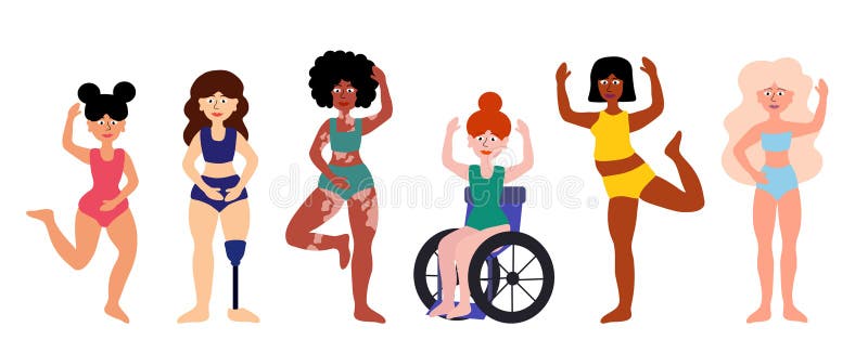 Body positive concept. Women of different ages, skin colors, ethnic groups, body types. Disability, vitiligo, prosthesis. Girls in swimsuits standing together. Cartoon flat vector illustration. Body positive concept. Women of different ages, skin colors, ethnic groups, body types. Disability, vitiligo, prosthesis. Girls in swimsuits standing together. Cartoon flat vector illustration.