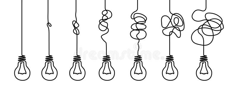 Concept of problem solving or difficult a task. Hanging light bulbs with a tangled cable