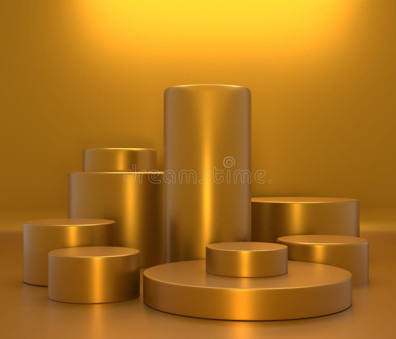 Concept product shelf podium gold color or empty pedestal display on vivid fashion background with minimal. 3D rendering vector illustration