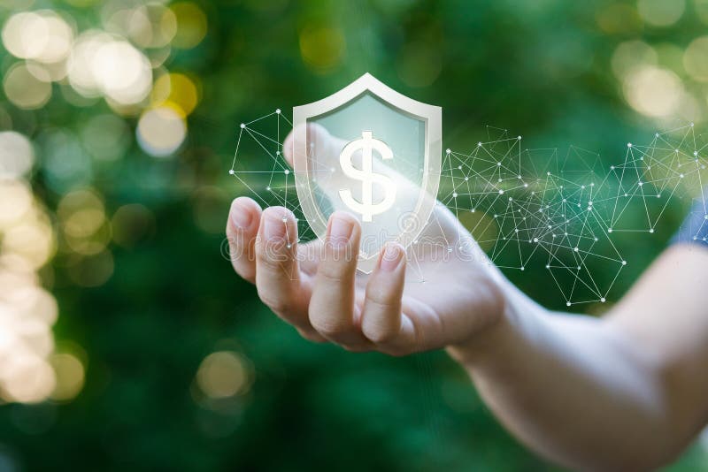 Concept of protection money. Shield with dollar sign in hand on a blurred background.