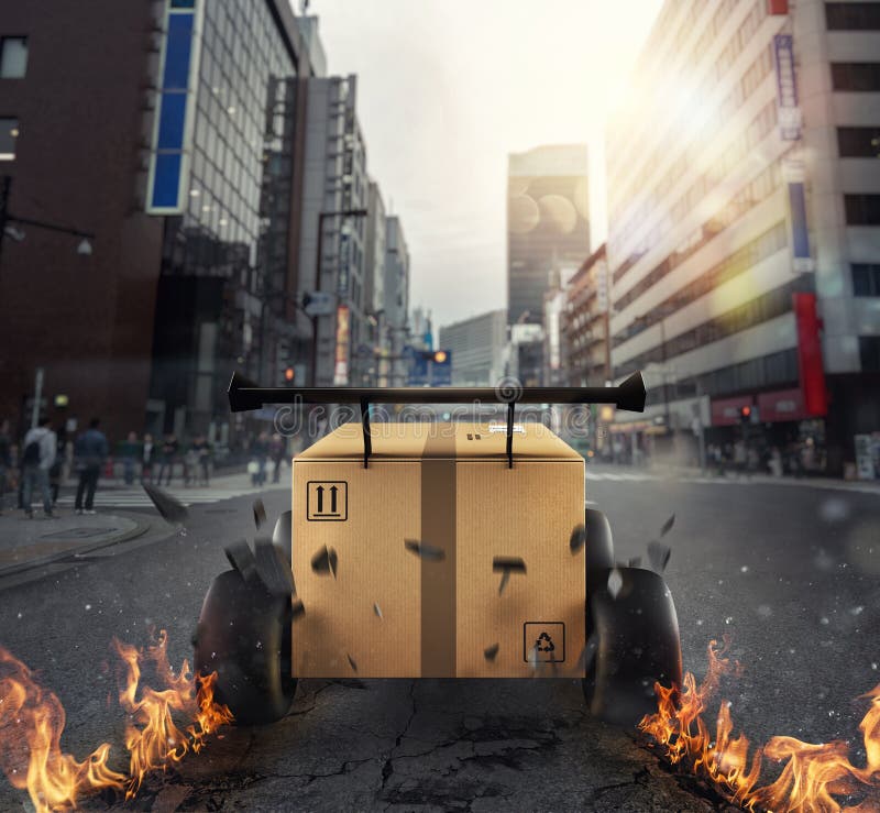 Priority Cardboard box with racing wheels that run in the city like a car. Fast shipping by road. stock photos Priority Cardboard box with racing wheels that run in the city like a car. Fast shipping by road. stock photos