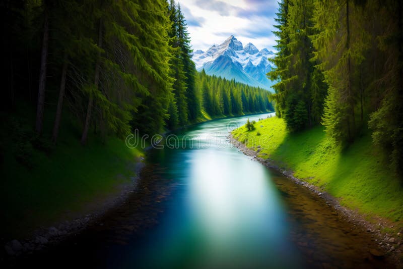 Un râu care trece printr-o pădure verde luxoasă. ai generativ vector illustration