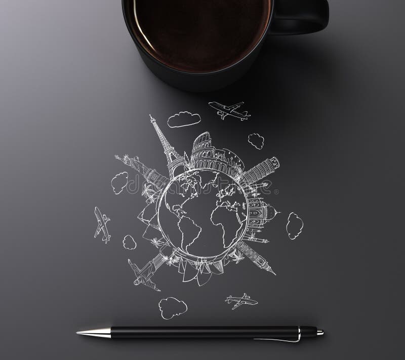 Concept rond du monde avec les marques, le stylo et la tasse de voyage de café image stock Concept rond du monde avec les marques, le stylo et la tasse de voyage de café image stock
