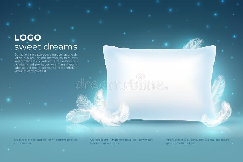 Realistic dream concept. Comfort sleep, bed relax pillow with feathers mockup, clouds stars on night sky. Dream vector background. Realistic dream concept. Comfort sleep, bed relax pillow with feathers mockup, clouds stars on night sky. Dream vector background