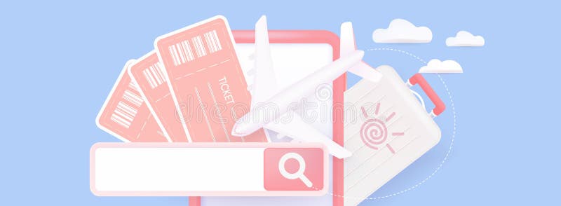 Concept search and sell Airline ticket online and book tickets via your smartphone. Horizontal vector banner in 3d style