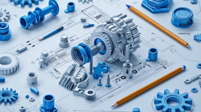 Concept showing the design process of a complex gearbox using a technical blueprint and 3d printed prototypes. Demonstrating the design process of a sophisticated gearbox with a technical blueprint and 3d printed prototypes AI generated