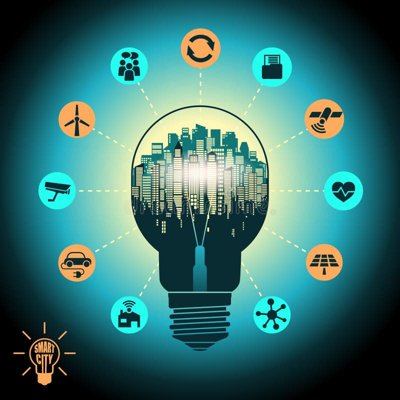 Concept of a smart city, cityscape in silhouette light bulb with advanced smart services internet of things, social networking stock illustration