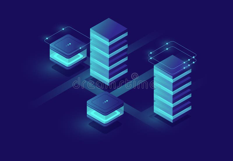 Concept of smart urban city with server room and database icons, data center and database, big data processing royalty free illustration