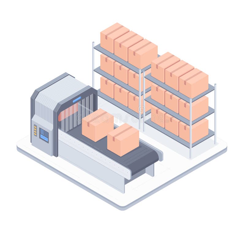 Automated boxing line with conveyor belt isometric illustration vector illustration