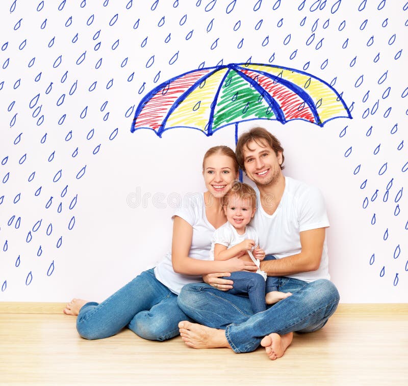 Concept: social protection of family. family took refuge from miseries and rain under umbrella