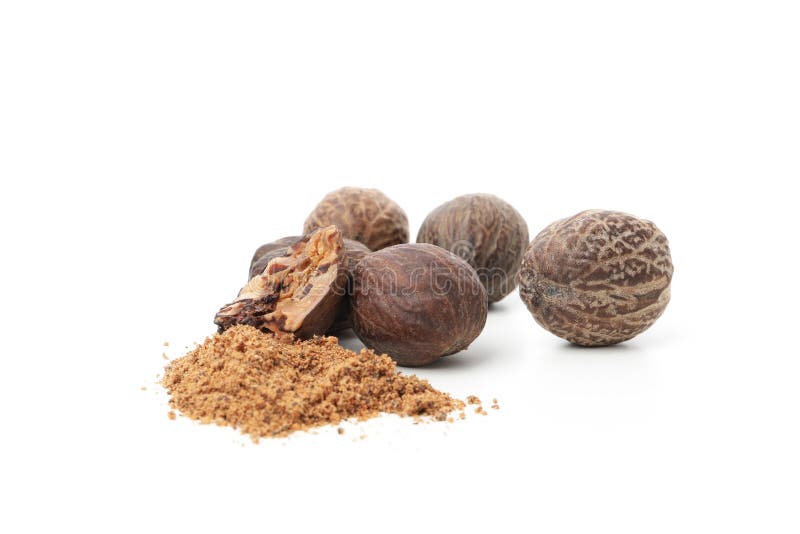 Concept of Spices and Condiments, Nutmegs, Isolated on White Background