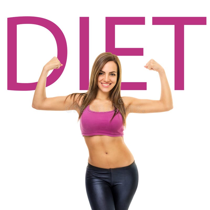 Fit sporty young Caucasian woman standing against isolated white background with arms raised showing her biceps smiling. Diet concept. Fit sporty young Caucasian woman standing against isolated white background with arms raised showing her biceps smiling. Diet concept.