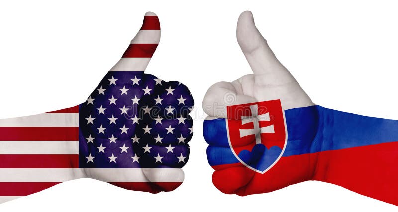 Dve ruky sú pomaľované vlajkami rôznych krajín so zdvihnutým palcom. Slovensko a USA