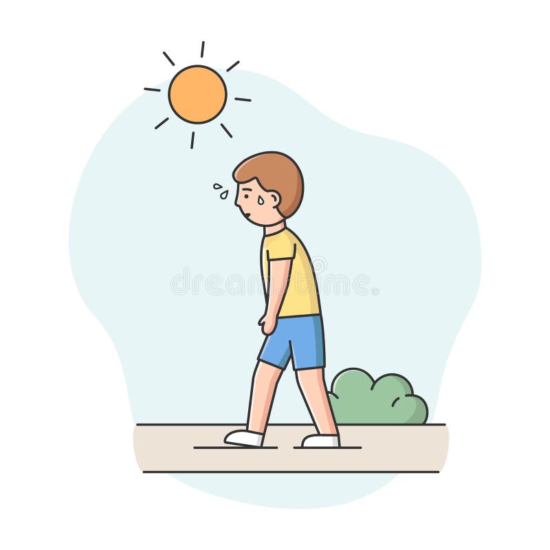 Concept Of Summer Hot Period. Man Weary From Heat Is Walking Down The Street In The Park Under the Scorching Sun