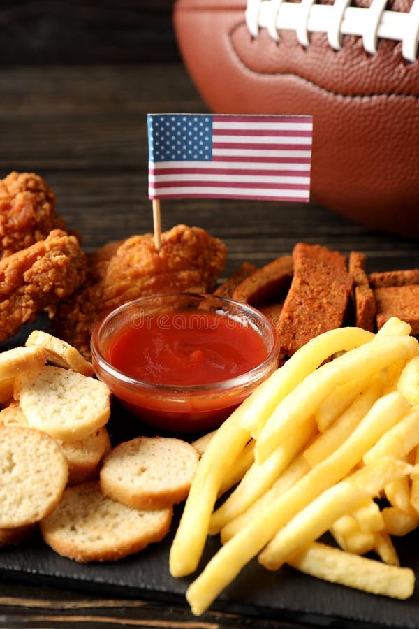 Concept of Super Bowl Snacks on Dark Table Stock Image Image of ball
