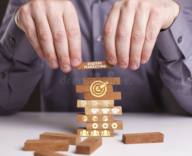 The concept of technology, the Internet and the network. Businessman shows a working model of business: Digital Marketing stock image