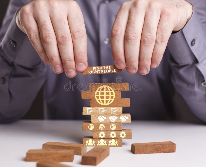 The concept of technology, the Internet and the network. Businessman shows a working model of business: Find the right people royalty free stock photography